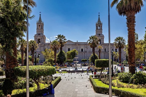 Public square with cathedral in the background, surrounded by people, trees and doves, The Basilica