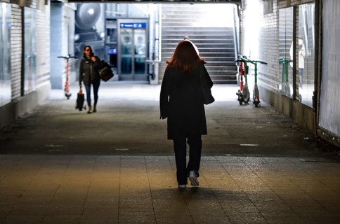 Women walk through a dark tunnel at Berlin Friedenau S-Bahn station, 06.03.2026, Berlin, Berlin,