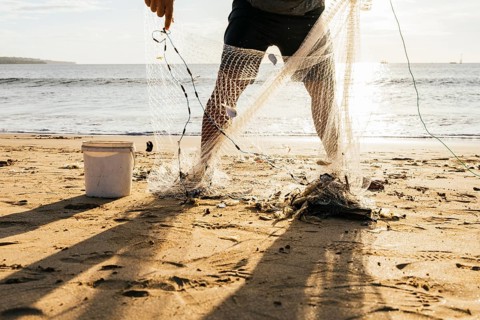 A fisherman stands on a sunlit beach, collecting his catch from a fishing net. Shadows stretch