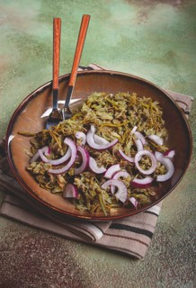 Jonjoli, Colchian klekachka, jonjoli salad, with red onion and butter, Georgian appetizer, pickled