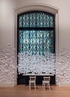 Gropius Bau Berlin, interior view, room with countless post it at the end of an exhibition, Berlin,