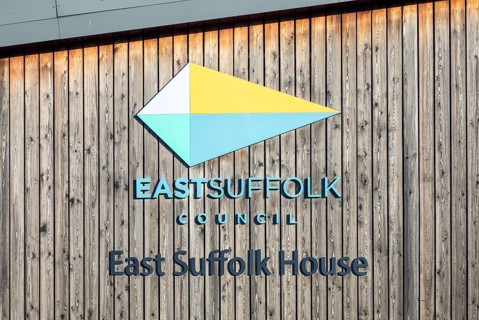 East Suffolk Council logo on side of East Suffolk House offices, Riduna Park, Melton, Woodbridge,