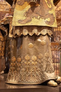 Close-up of decorated armour with ornate metalwork, Seville, Andalusia, Spain