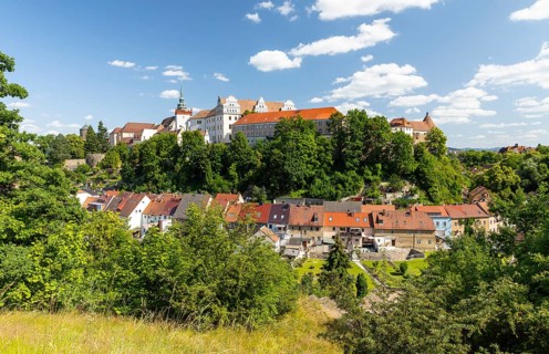 City view of the old town with Ortenburg, St. Peter's Cathedral and Matthias Tower, below the