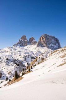 Beautiful landscape of the Mountain silhouettes of the Sexten Dolomites on a sunny winter day,