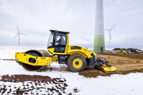 Construction site of a wind farm, preparation of the crane site and the foundation for a wind