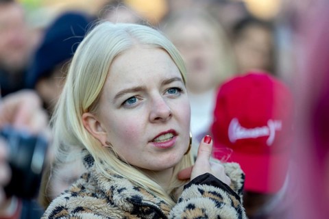 Berlin, Germany - 22.3.2026: Demonstrators, including Jette Nietzard, protest in front of the