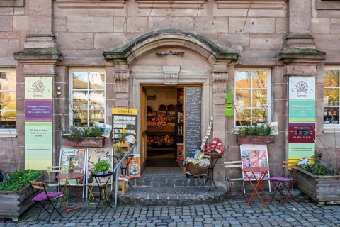 Naturkostladen, grocery store in the old town of Nuremberg, Middle Franconia, Franconia, Bavaria,
