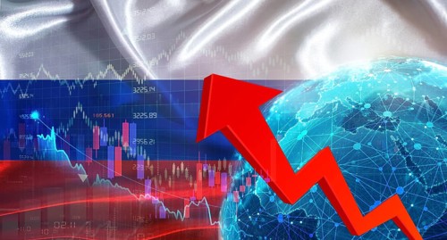 Global financial growth with Russia flag. Financial growth with Russia flag on economic background