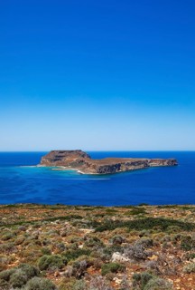 View from the Gramvousa peninsula to the island of Imeri Gramvousa, Kolimbari, West Crete, Crete,