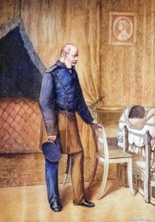 Emperor Wilhelm I in front of his cradle in the Hohenzollern Museum, coloured wood engraving,