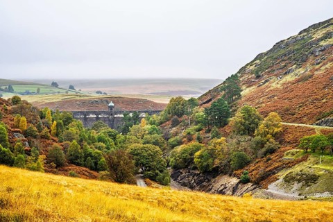 Autumn colors over Craig Goch Dam, Elan Valley Reservoirs, Elan Valley, Rhayader, Powys, Wales, UK