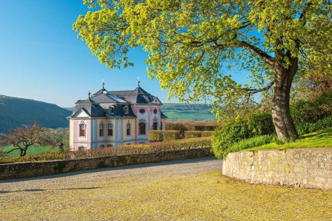 The rococo castle in morning light in spring, Dornburg Palaces and Park in the Saale Valley,