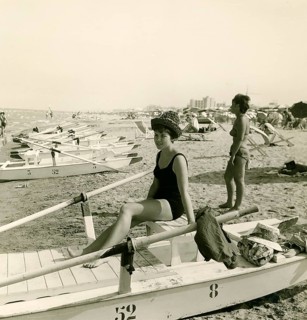 Historical photo summer 1961, tourists, beach, Rimini, Italy