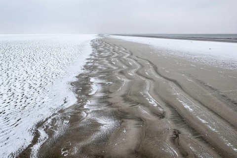 North Sea beach in snow, Langeoog, Lower Saxony, Germany