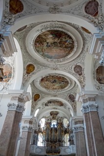 Church, Baroque Basilica of St. Mang, interior view, organ and ceiling frescoes, Füssen, Ostallgäu,