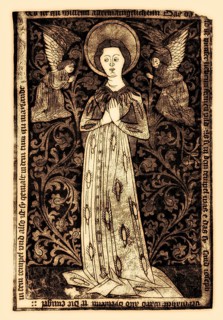 Mary is worshiped by two angels, wood engraving, 1440