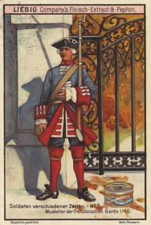 Picture series Soldiers of different times, musketeer around 1470, guard from France, Liebig