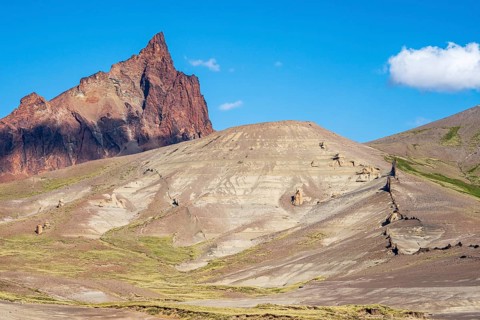 Mountain Cerro Zeballos, volcanic rock formation, at road Ruta 41, arid landscape, Los Antiguos -