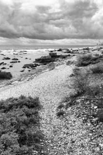 Hiking trail, rough rocky coastline, dramatic cloudy sky, film set, monochrome, Holmudden, Fårö