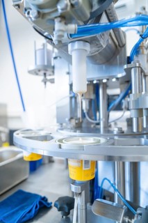 Industrial plant fills yoghurt into yellow tubs with blue tubes, ice cream production Haselstaller