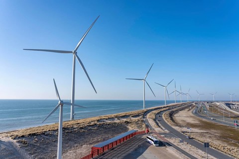 ENECO wind farm on the dike around the port of Maasvlakte 2, 22 wind turbines with an output of 116