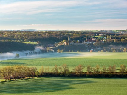 Morning atmosphere in the Saale Valley in spring, fog sweeping through the valley, view of the