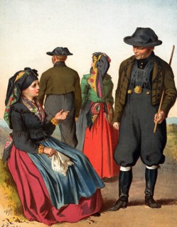 Traditional costumes in Germany around 1820, Bohemia, Eger district, men and woman in traditional