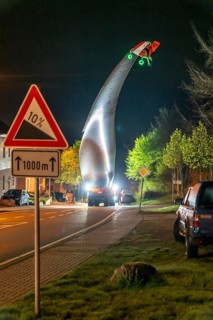 Transport of a 68 metre long, 22 tonne blade of a wind turbine, here in Schwelm, with a