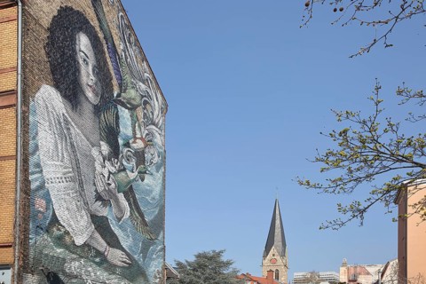 Mural Queen of Nature by Lula Goce 2021, graffiti, street art, Afro-look female figure with duck