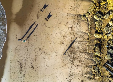 Aerial shot of a sandy beach with long shadows cast by people and dogs walking in Australia.