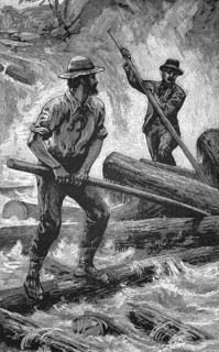 Removing a log jam, around 1870, lumberjack in Canada, digital reproduction of a historical model