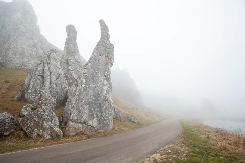 Spring 2026: Mystic morning fog surrounding the Stone Virgins (Steinerne Jungfrauen) rock formation