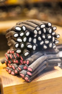 Liquorice in a shop window at Västerlånggatan, Old Town Gamla Stan, Stockholm, Sweden