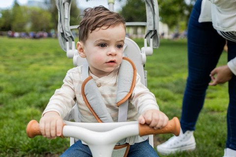 A baby sits in a stroller, enjoying a sunny day in the park with his mother. The grassy background