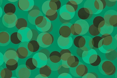 A pattern of overlapping translucent green circles creates a vibrant, dynamic background. The