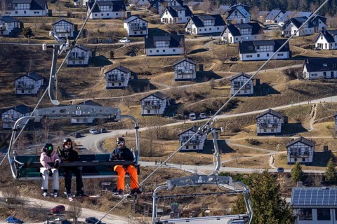 Winter sports area in the Sauerland, Winterberg ski lift carousel, artificial snow slopes,
