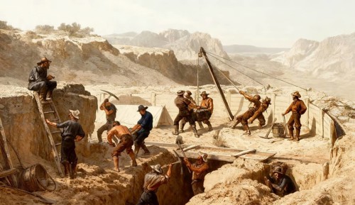 Historical Gold mining, gold diggers in the 19th century