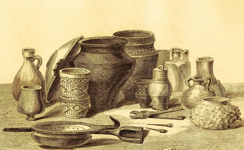 Vases and various utensils from the Roman period, found objects, jug, vessels, bowl, pliers, spoon,