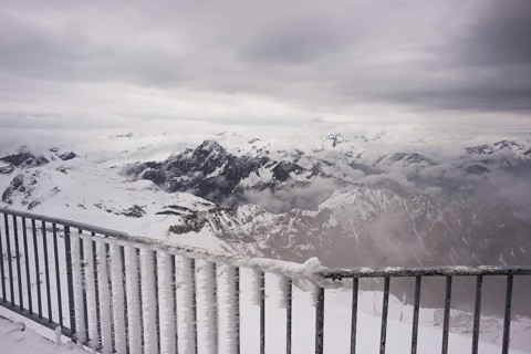 Another onset of winter in May, panorama from the summit station of the Nebelhorn, 2224m, to