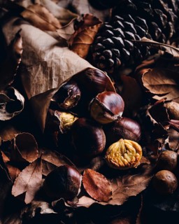 A rustic display of roasted chestnuts nestled among dry autumn leaves and pine cones, capturing the