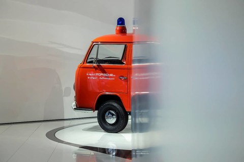 Porsche Museum Stuttgart-Zuffenhausen. Volkswagen factory fire department, VW van built in 1972.