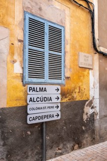 Road sign on an urban house wall, Valdemossa, Majorca, Valearen, Spain