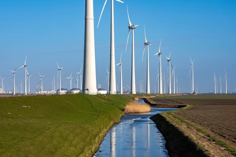 Westereems and Growind wind farms, in the north of the Netherlands, near Eemshaven, energy center,
