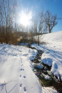 Bochum, North Rhine-Westphalia, Germany - Sunny winter landscape in the Ruhr area, ice and snow on