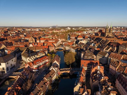 Aerial view of Nuremberg's old town with the Pegnitz river and the historic Maxbrücke, Nuremberg,