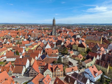 Aerial view of the historic old town of Nördlingen with Daniel, a 90 meter high church tower, St.