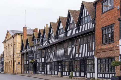 Timbered houses, The Shakespeare Hotel and Hostel, Chapel Street, Stratford upon Avon, England,