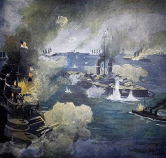 World War 1, the naval battle on the Chilean coast, the English armoured cruiser Monmouth receives