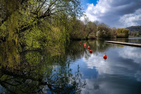 Jetty, buoys, shore of Max-Eyth-See, Hofen, Stuttgart, Baden-Württemberg, Germany